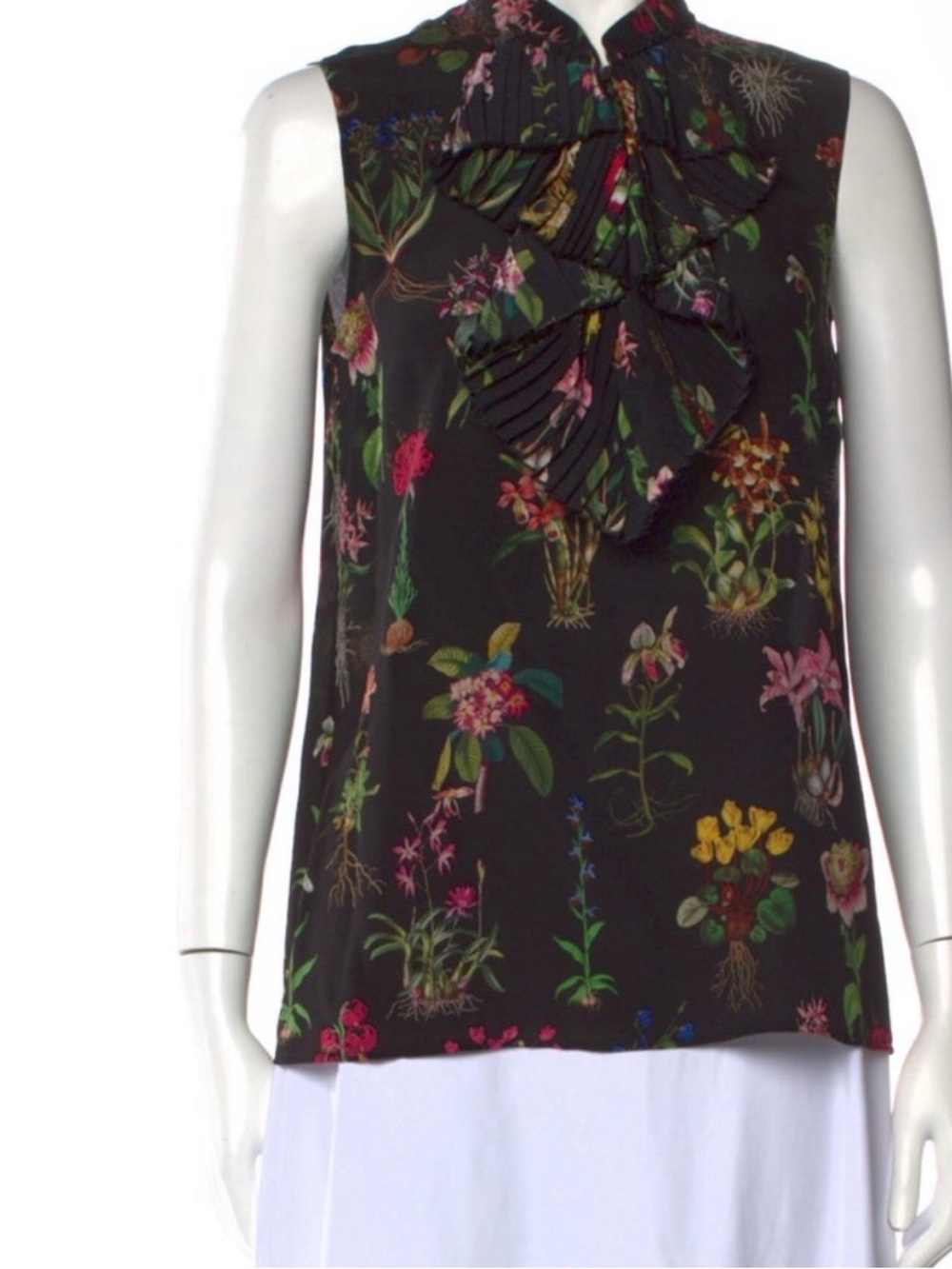 No. 21 Black Floral Ruffle Tie-Neck Blouse